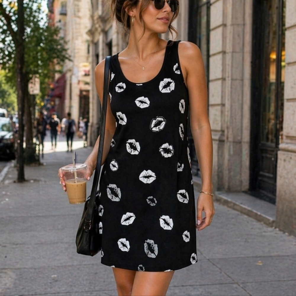 Tricotto Black Lip Print Mini Dress Medium Sleeveless Stretch Casual Chic